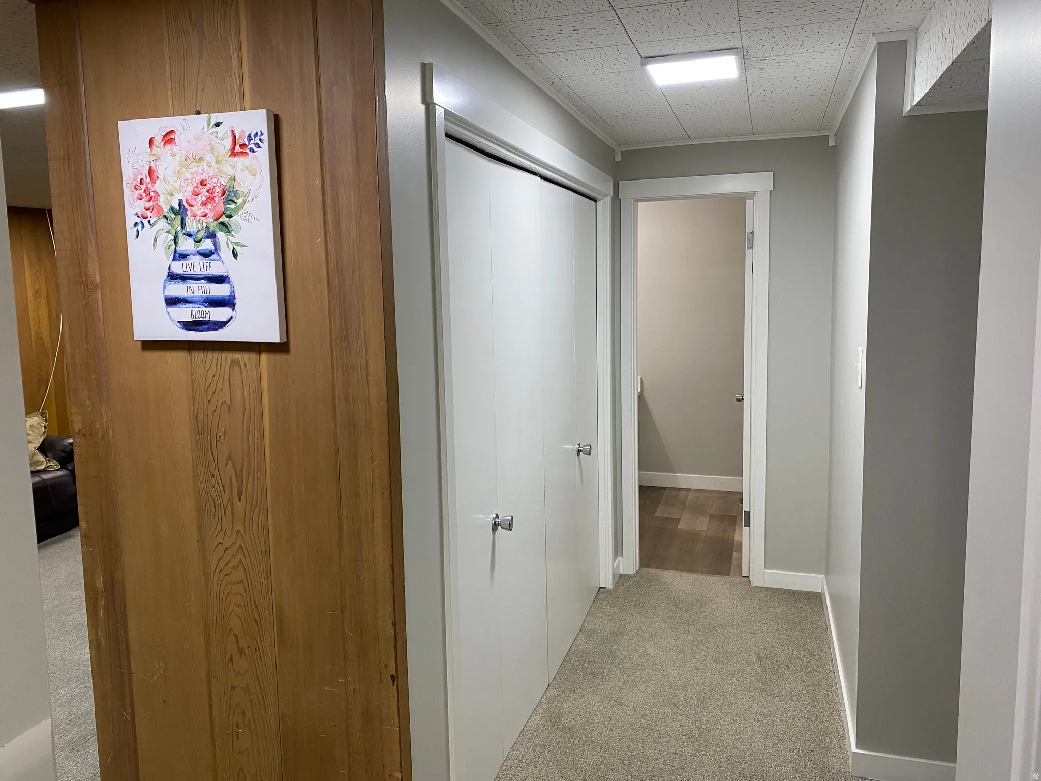 Hallway featuring wood-panel accent wall and two white closet doors