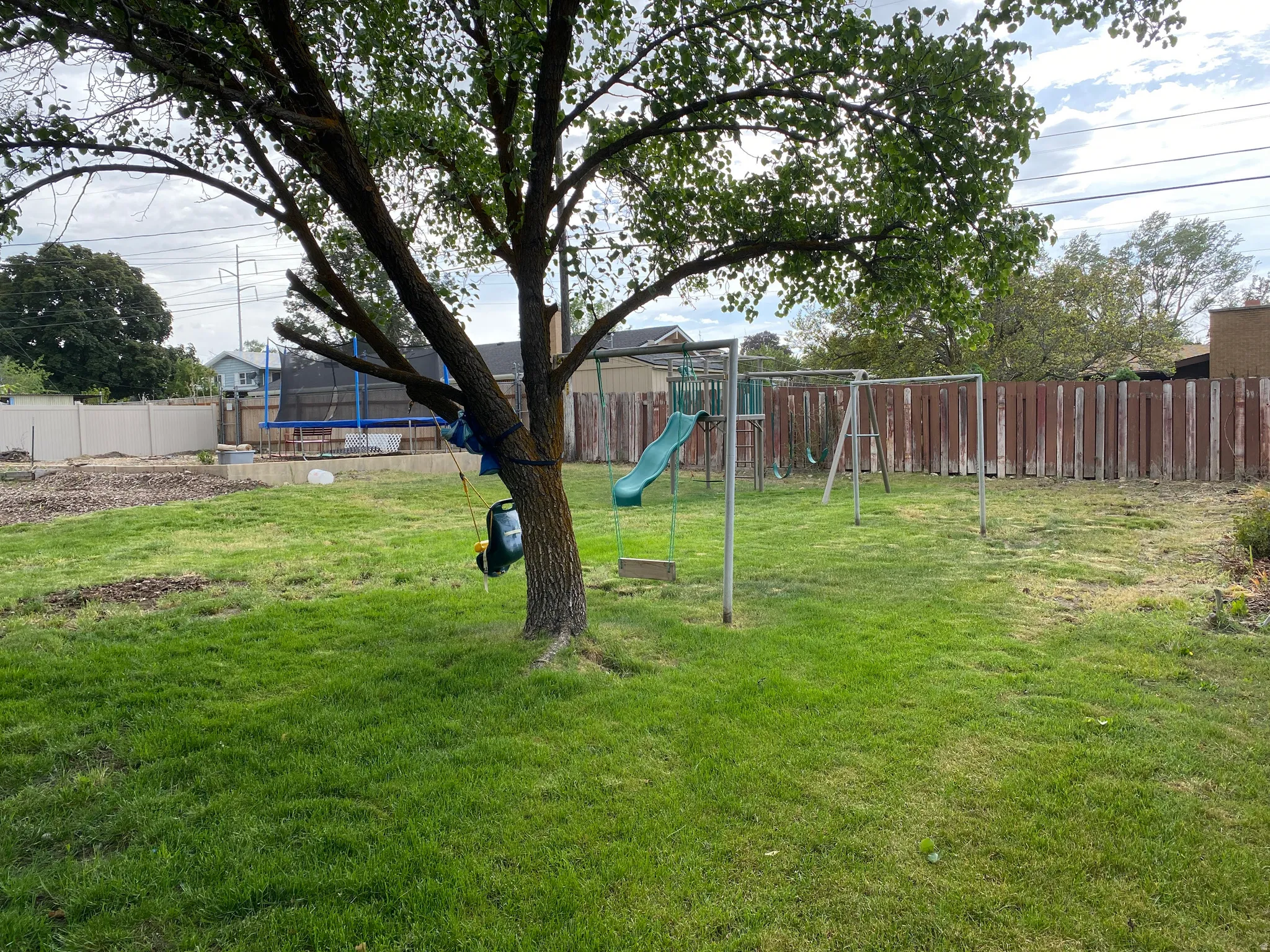 Expansive backyard featuring a mature tree, a privacy fence, and a swing set