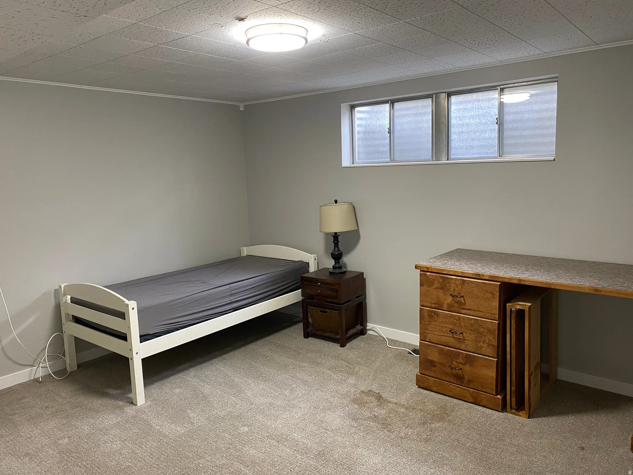 Spacious room featuring neutral carpeting, light gray wall paint, and a white ceiling with a flush-mount light fixture