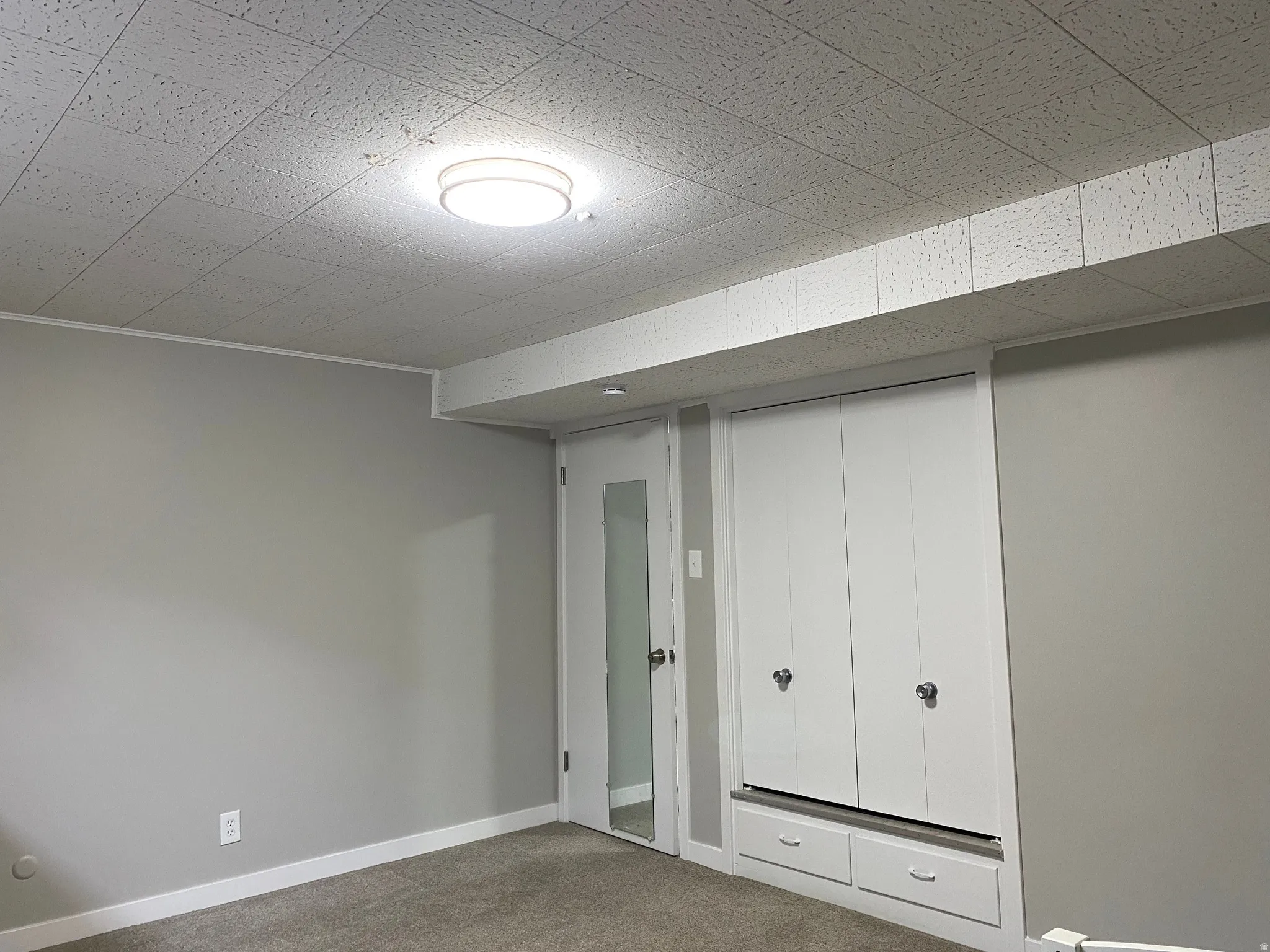 Room featuring light grey walls, white trim, and grey carpet