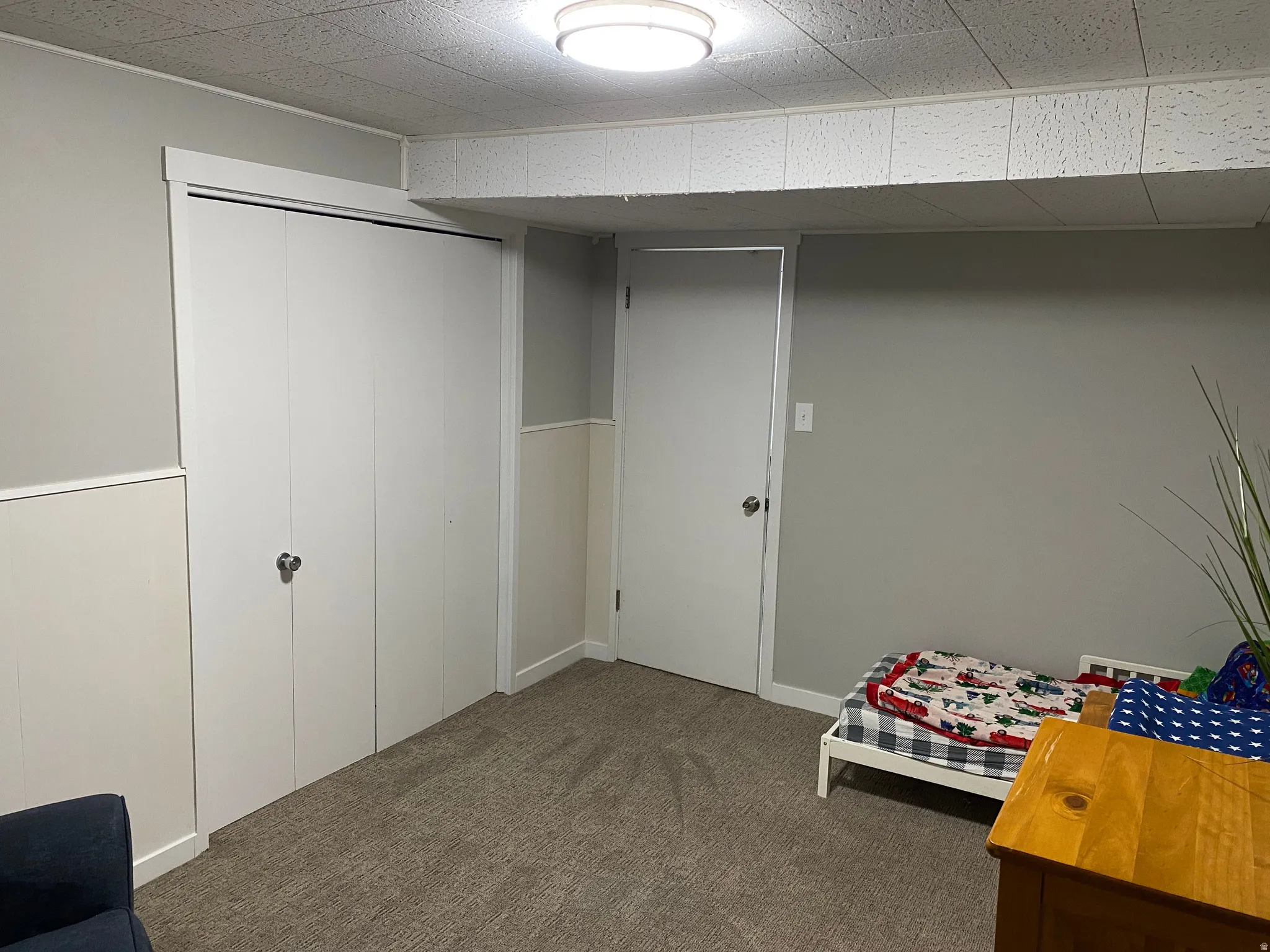 Neutral gray wall paint with white wainscoting and trim, complemented by textured carpet flooring