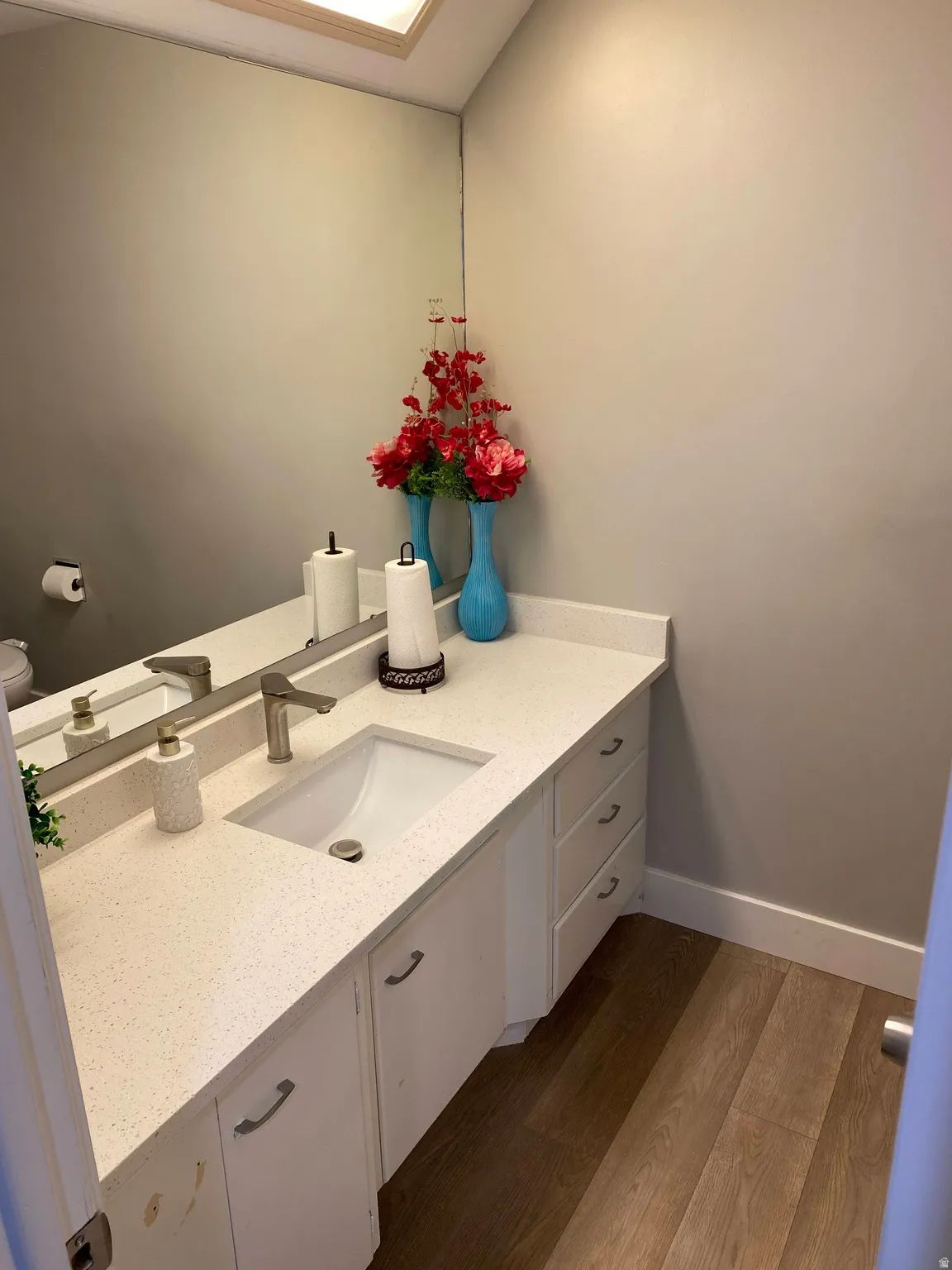 Bathroom vanity featuring a speckled countertop, undermount sink, and wood-finish flooring