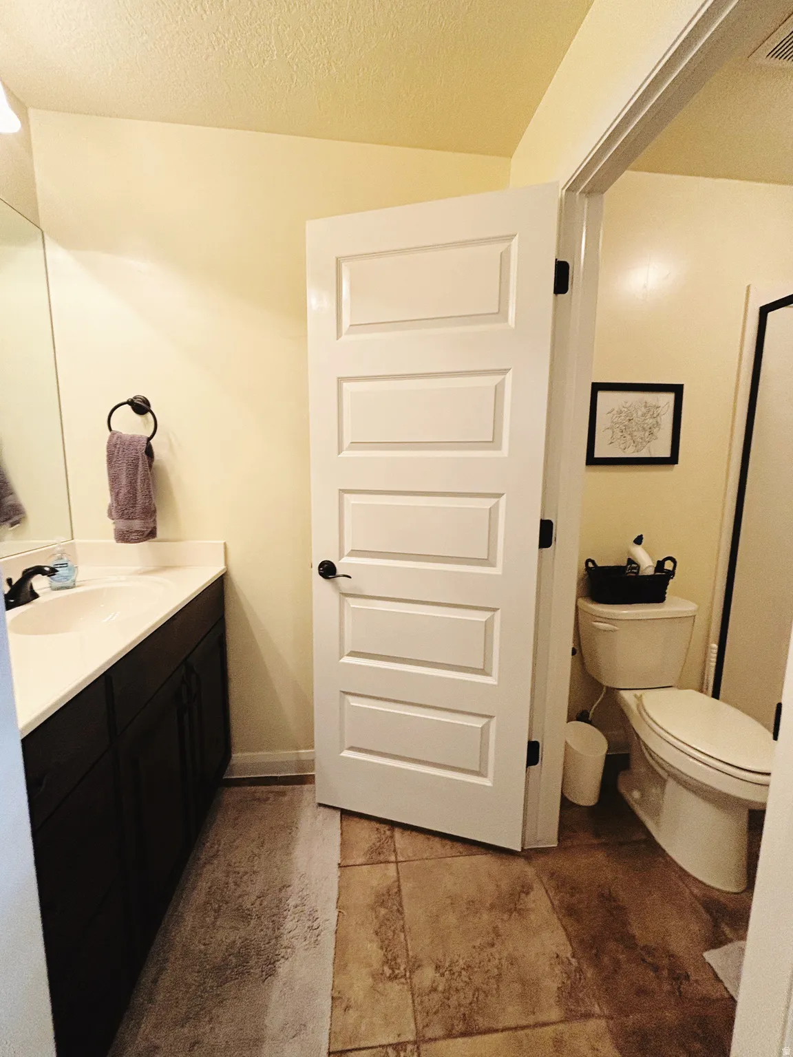 Bathroom featuring a dark wood-finish vanity with a white countertop and integrated sink, a large wall mirror, and panel-style interior doors
