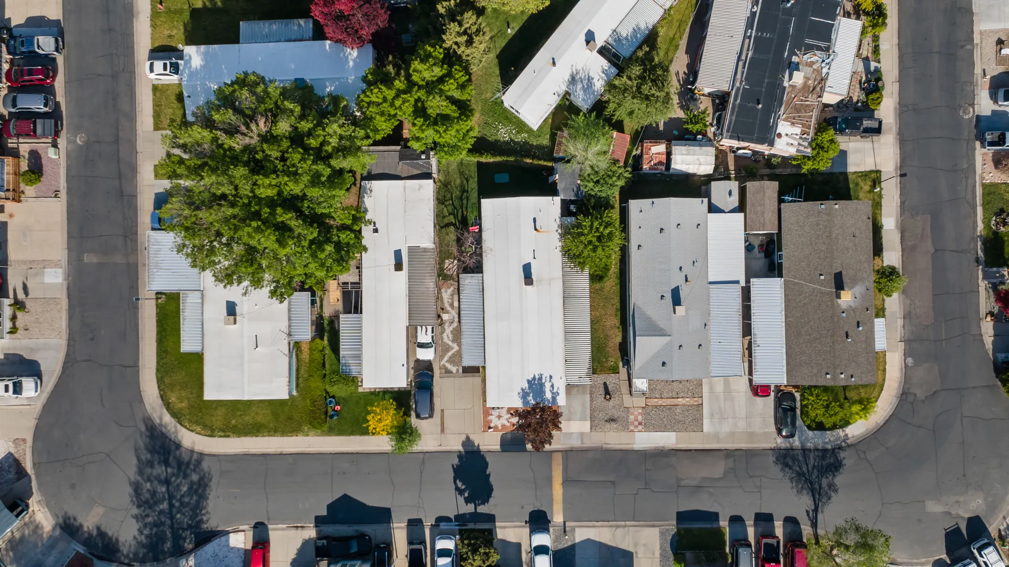 Aerial perspective of a residential street with multiple properties featuring mature trees and paved driveways