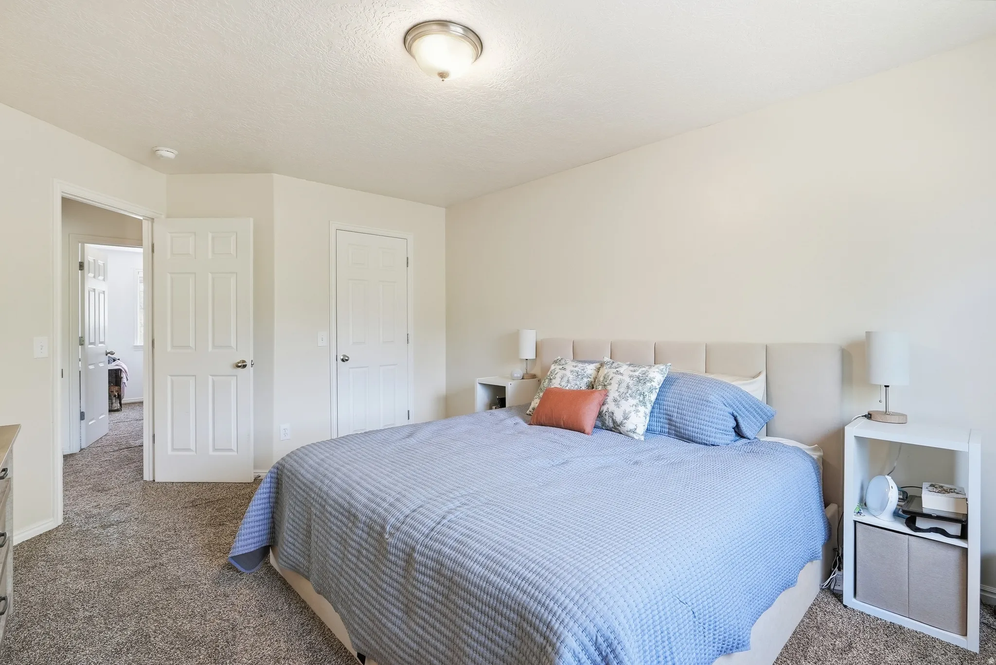 Carpeted room with a ceiling-mounted light fixture