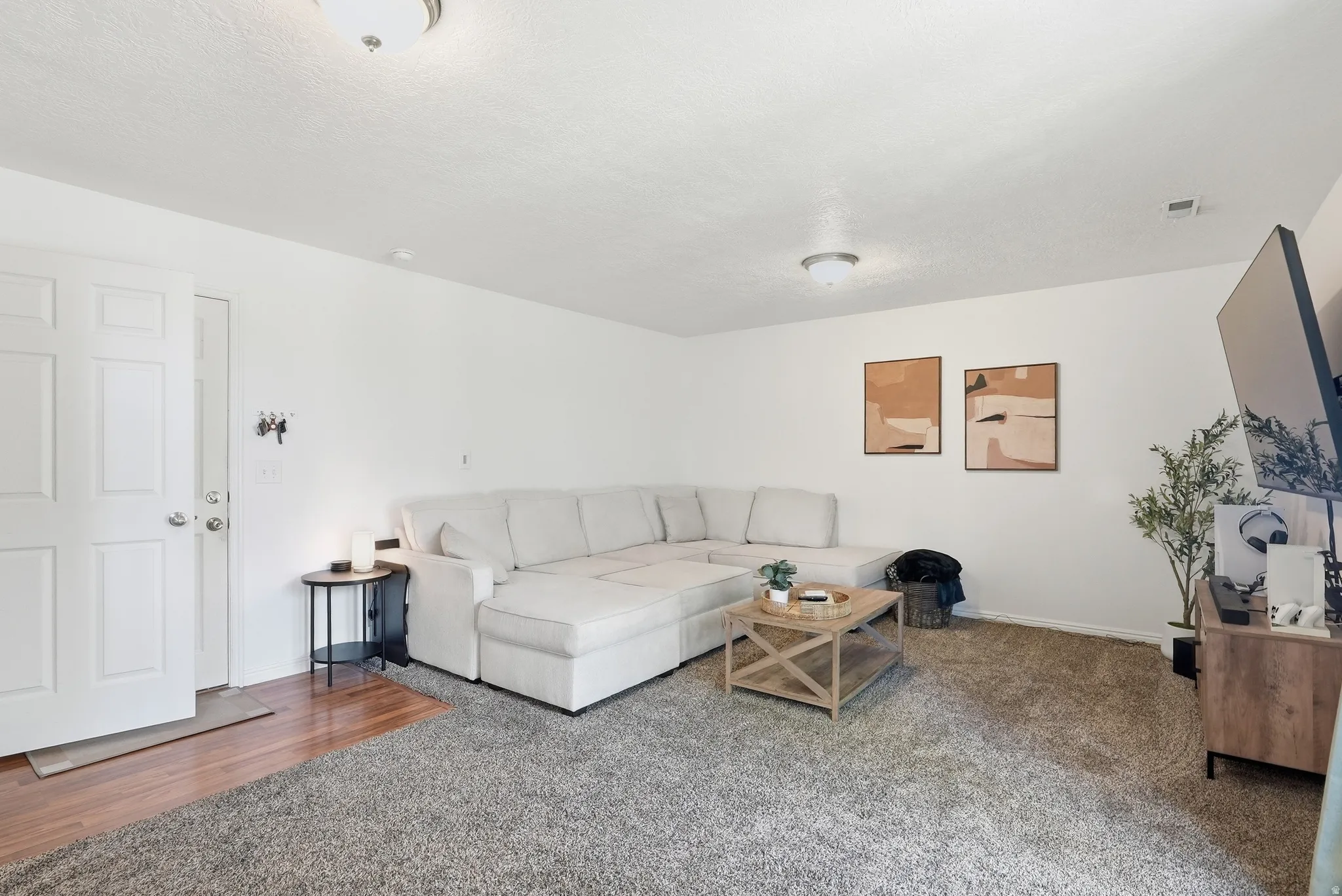 Spacious living area featuring neutral-toned carpeting, white walls, and a multi-panel entry door