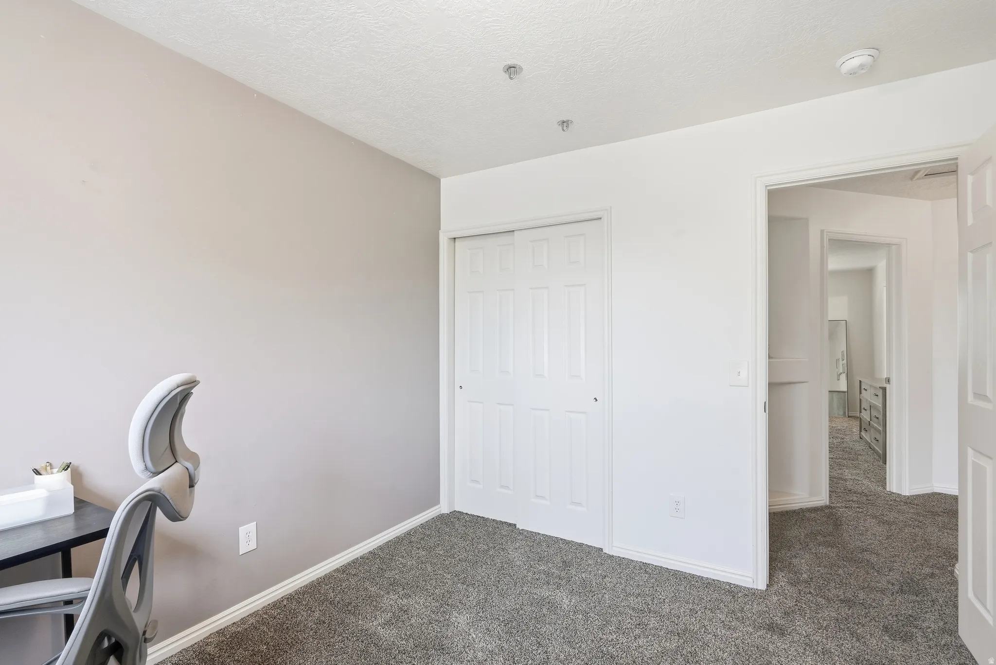 Plush gray carpeting throughout the room