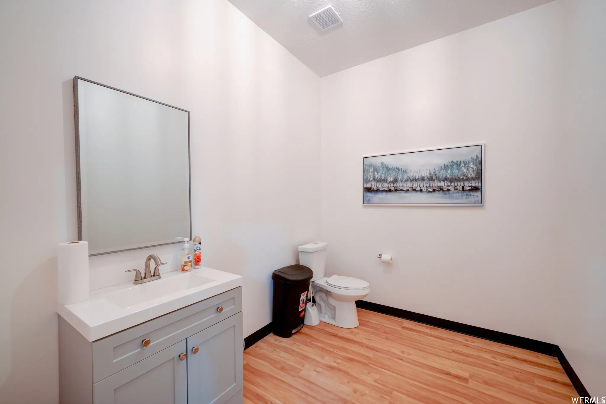 Bathroom featuring a light gray vanity with an integrated sink, a rectangular framed mirror, and wood-finish flooring