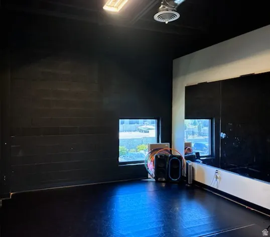 Commercial space featuring dark walls, dark flooring, and two rectangular windows
