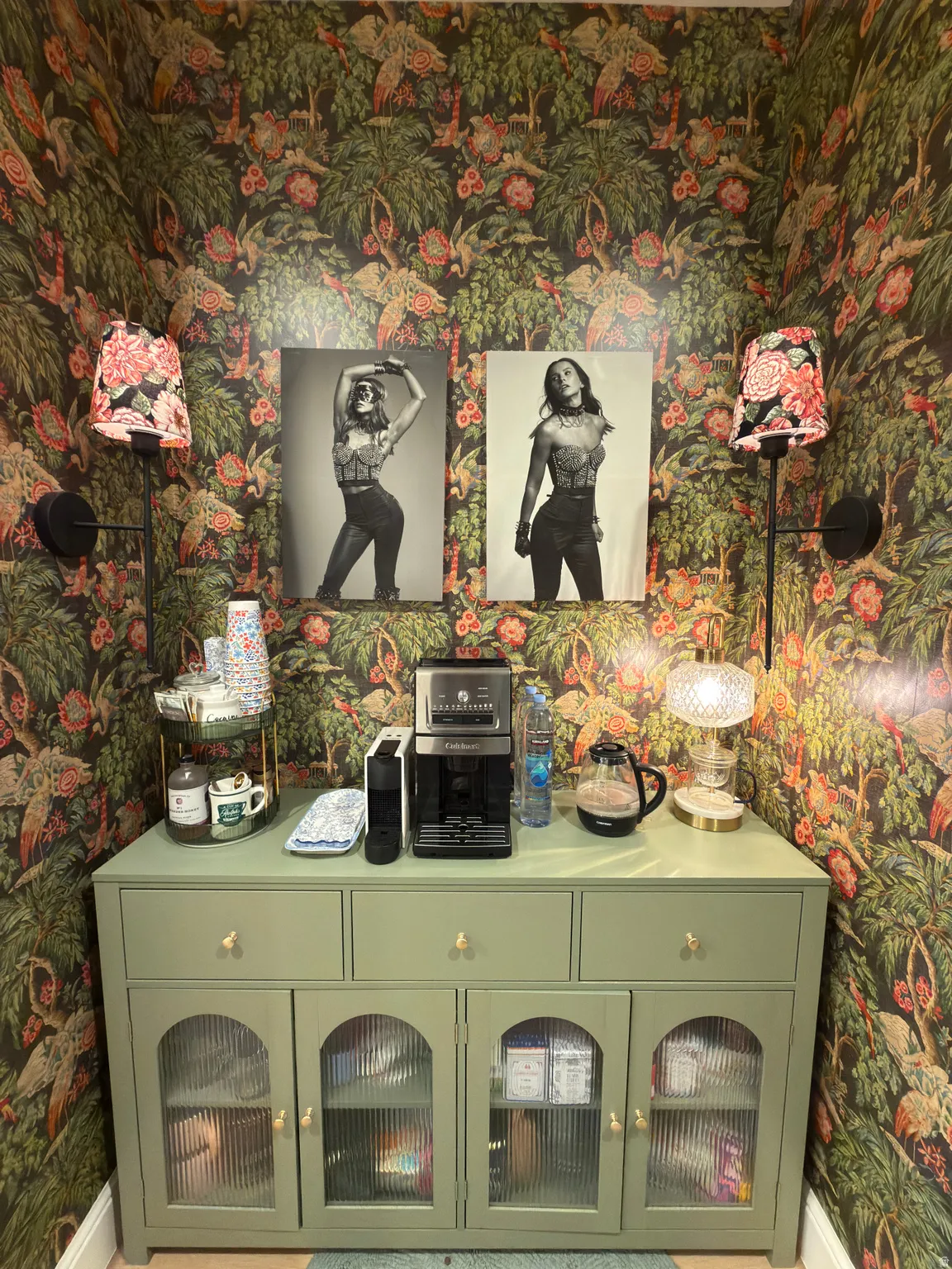 Custom wallpaper featuring a botanical and avian pattern