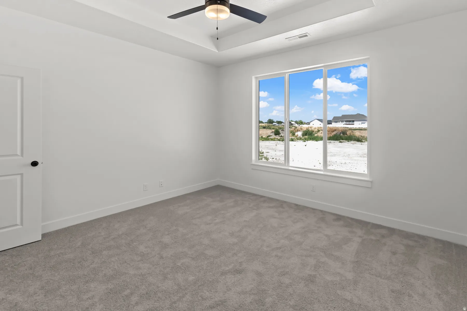 Primary Suite with large window & decorative tray ceiling.