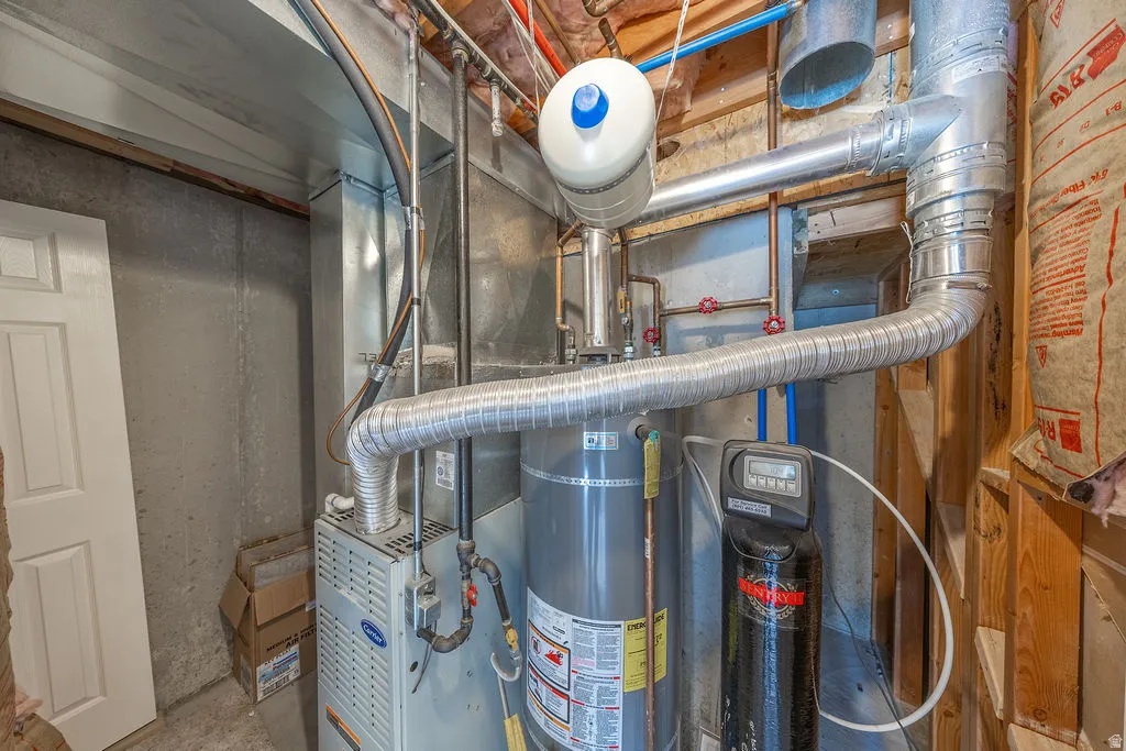 Utility area featuring a water heater, furnace, and water softener system