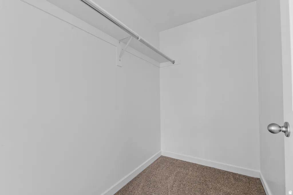 Interior closet space featuring neutral-toned carpeting, white walls, and a white wire shelf with a hanging rod