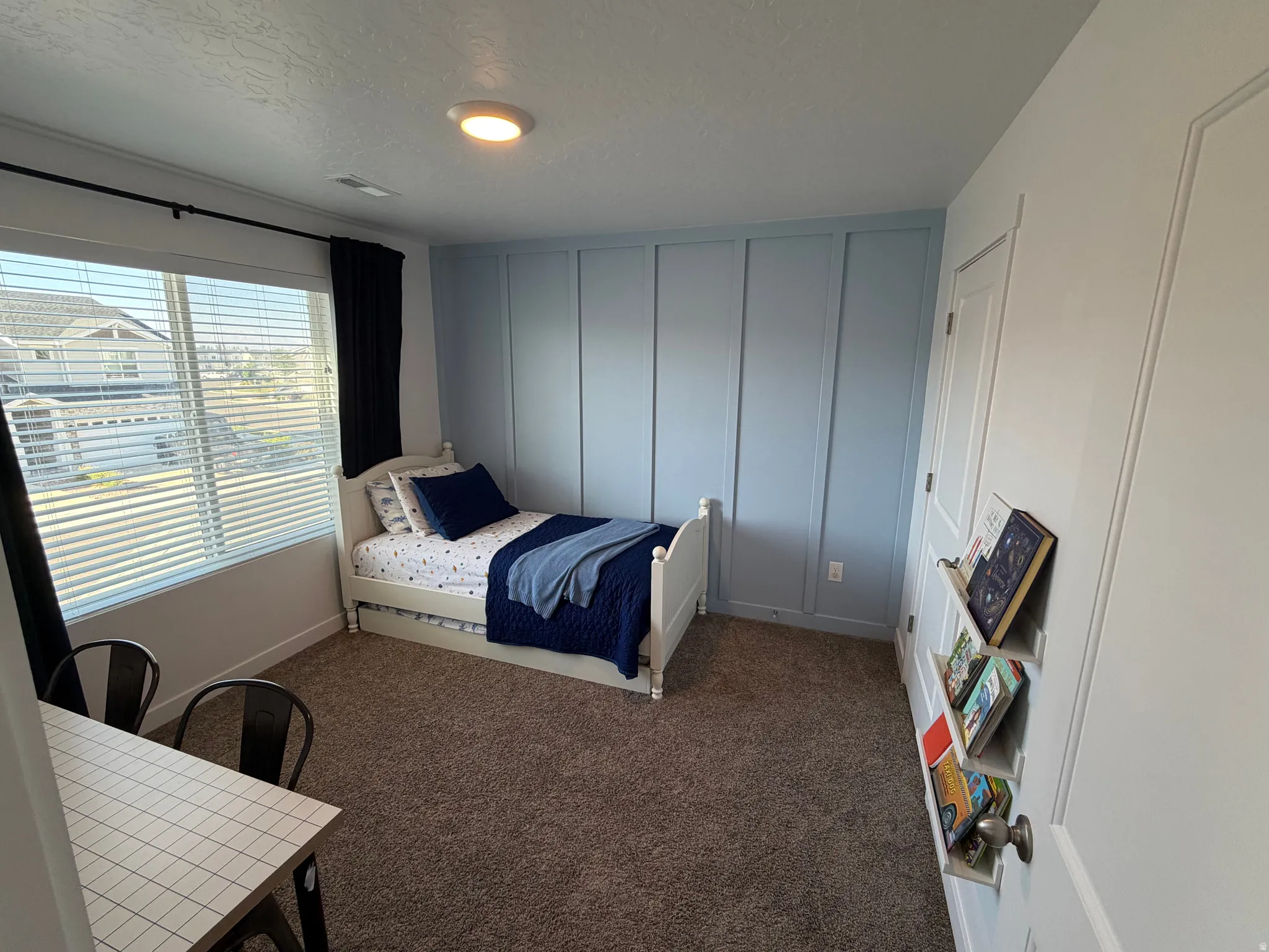 Carpeted interior room featuring a large window with blinds, a paneled accent wall, a white interior door, and a flush-mount ceiling light