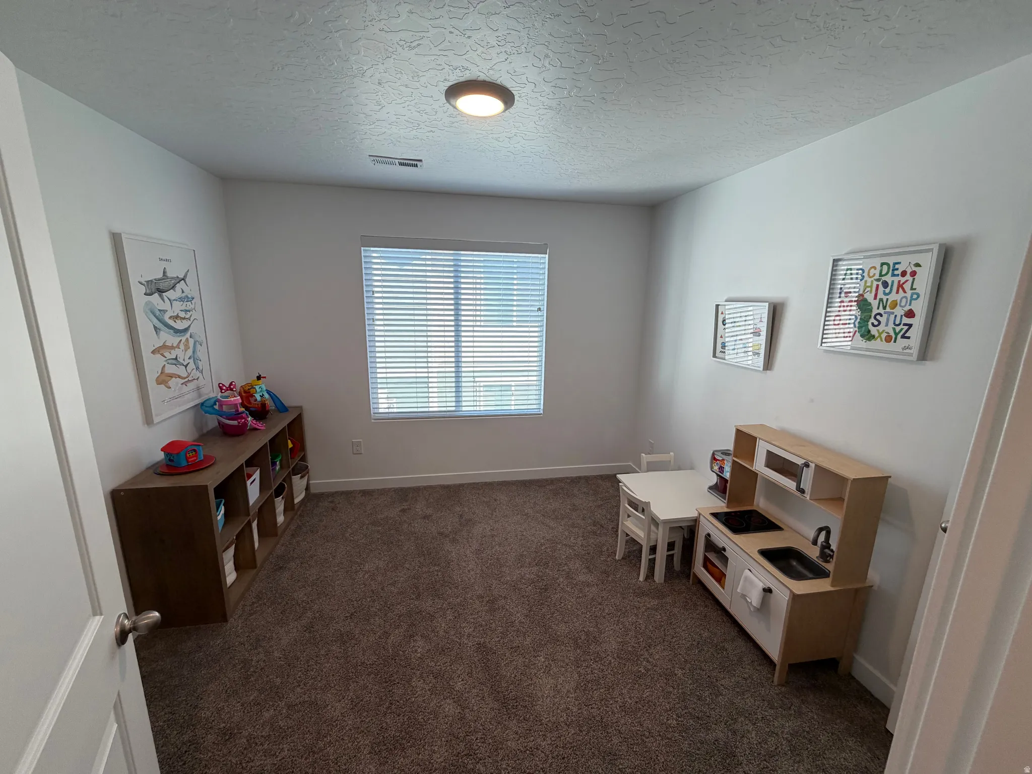 Carpeted room with a ceiling light fixture, a window with blinds, and white walls
