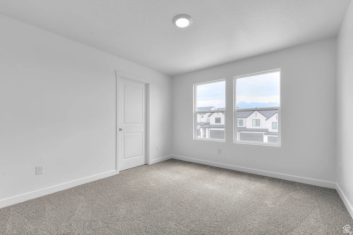 Spacious room featuring neutral carpeting, white walls, two large windows, a white paneled door, and a flush-mount ceiling light