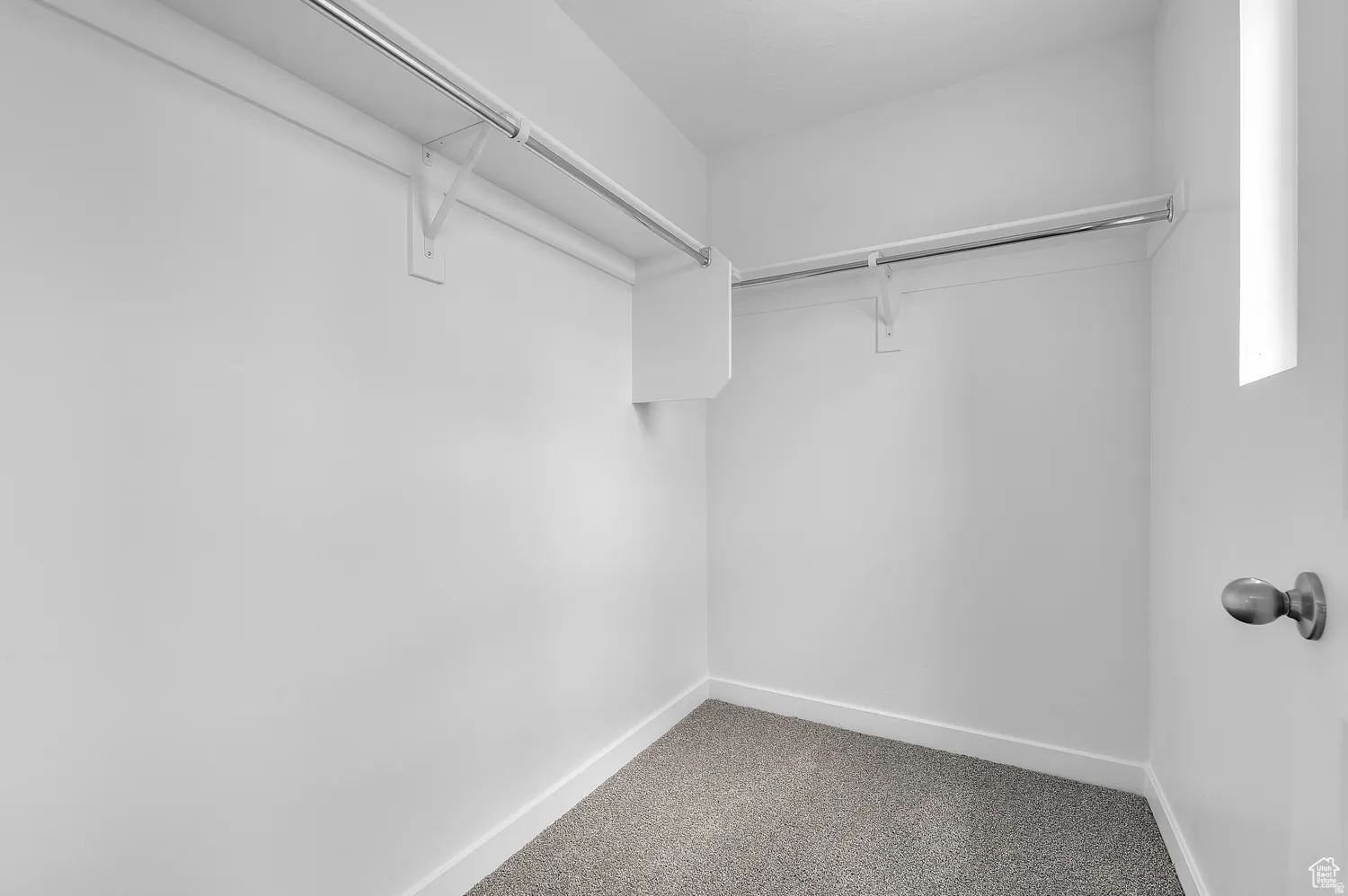 Closet interior featuring two chrome hanging rods, white wall shelving, white baseboards, and neutral-tone carpeting