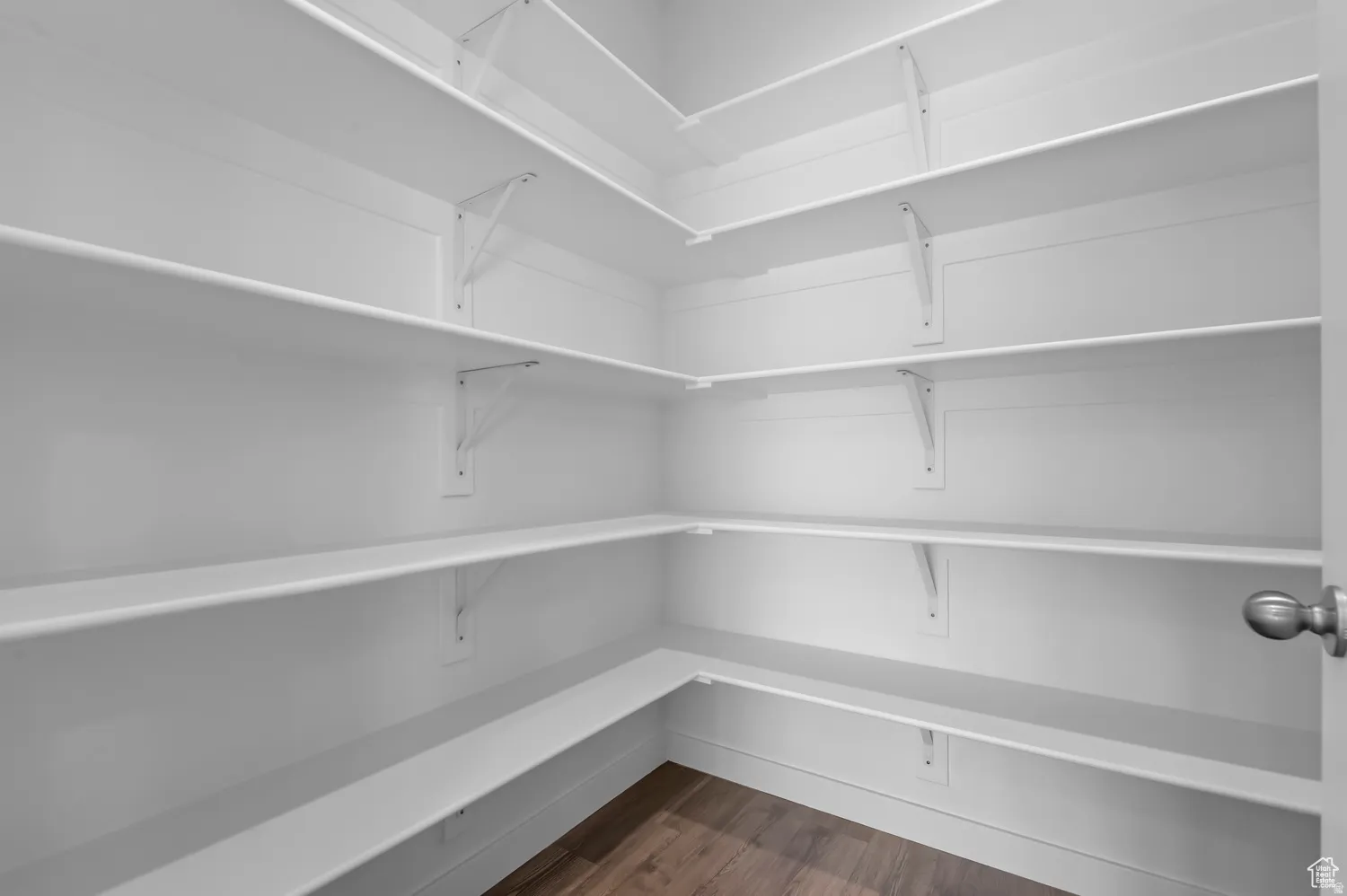 Walk-in pantry featuring extensive white shelving, wood-finish flooring, and a brushed nickel doorknob