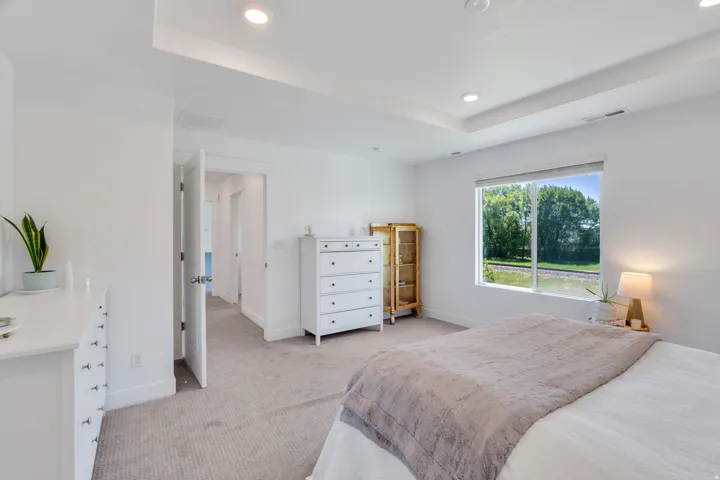 Recessed lighting in a tray ceiling, expansive window, neutral tone carpeting, and solid core doors