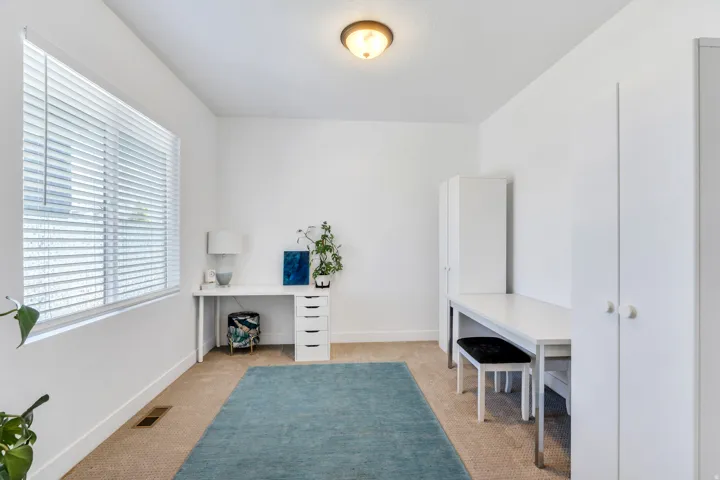Bright room featuring a wide window with horizontal blinds, neutral carpet flooring, and a ceiling-mounted light fixture