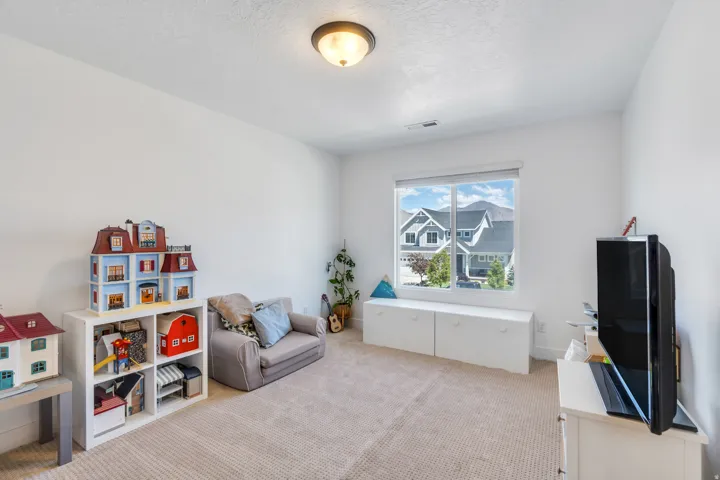 Carpeted room with a flush-mount ceiling light and a large window