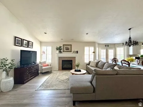 Spacious living area featuring wood-finish flooring and a vaulted ceiling