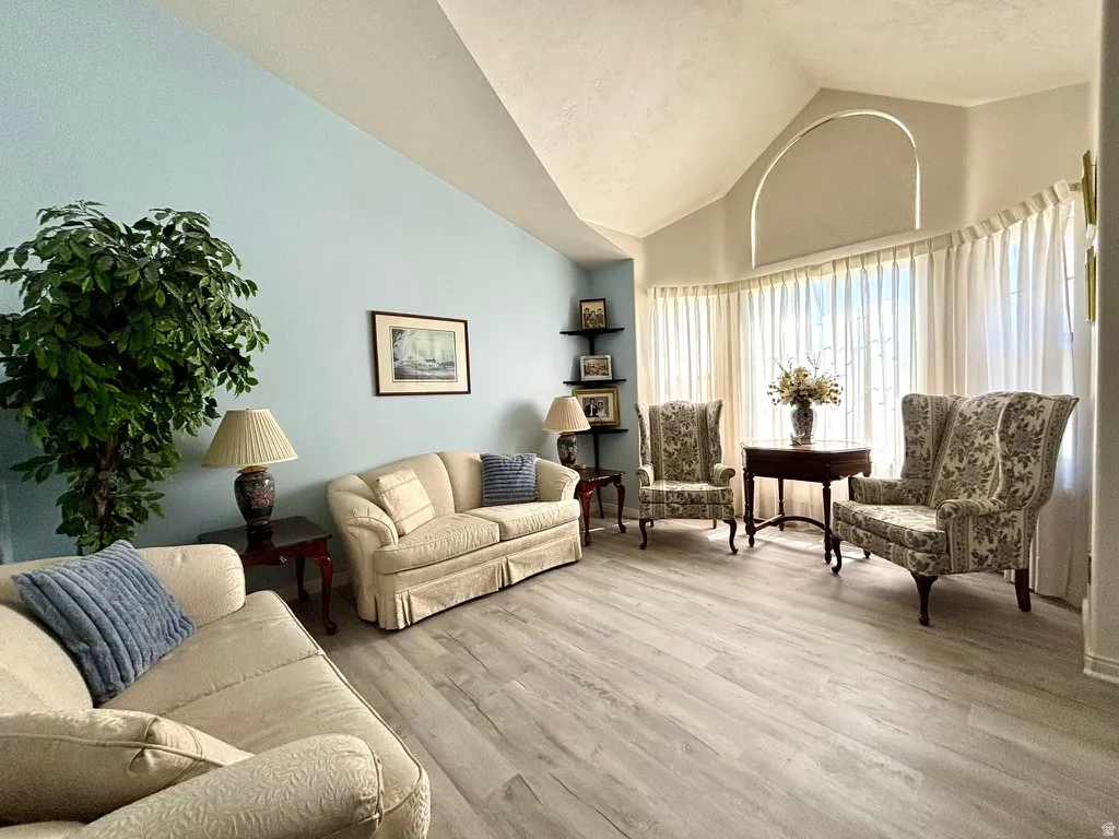 Vaulted ceiling with an arched architectural detail, large windows, wood-finish flooring, and light blue wall paint