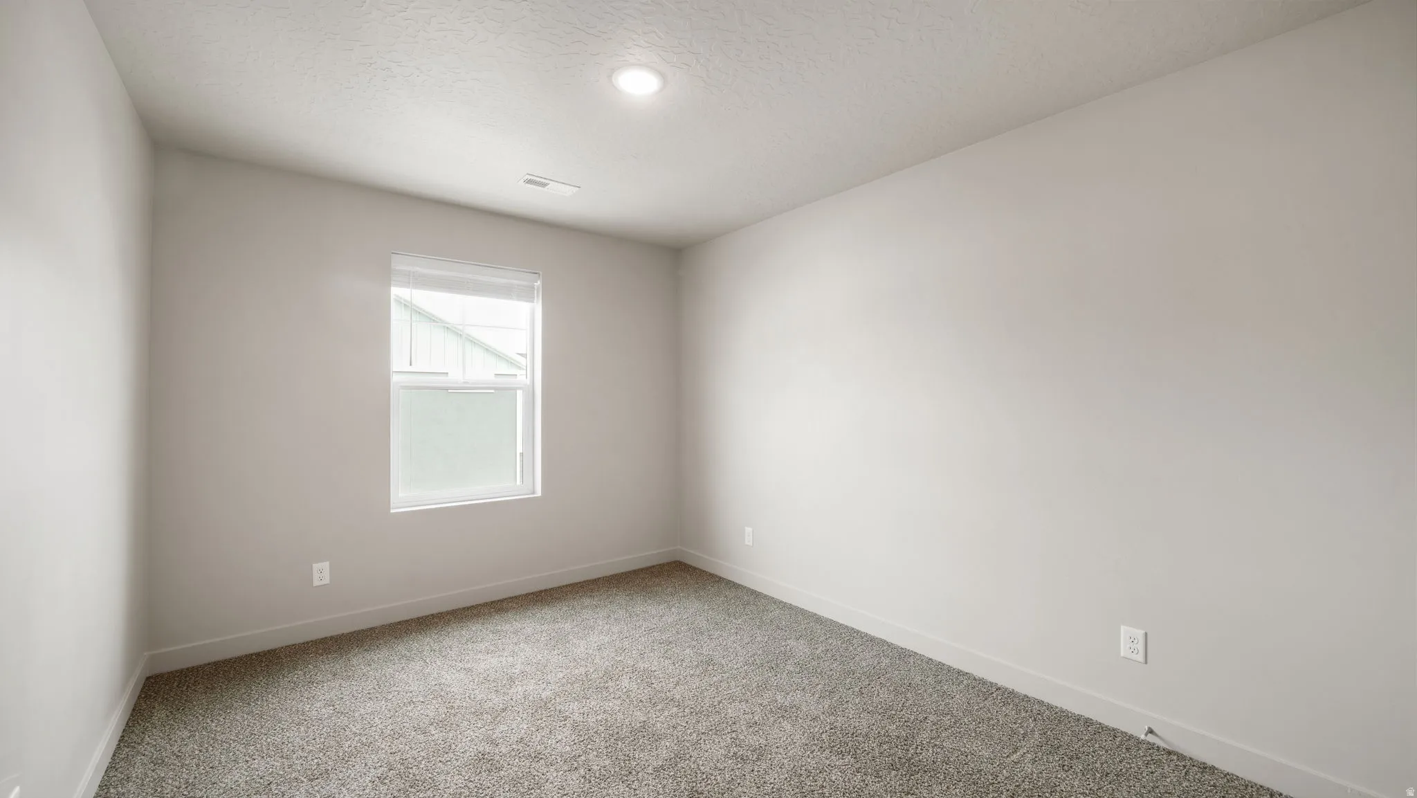 Room featuring light gray carpet, neutral wall paint, and a white window with blinds