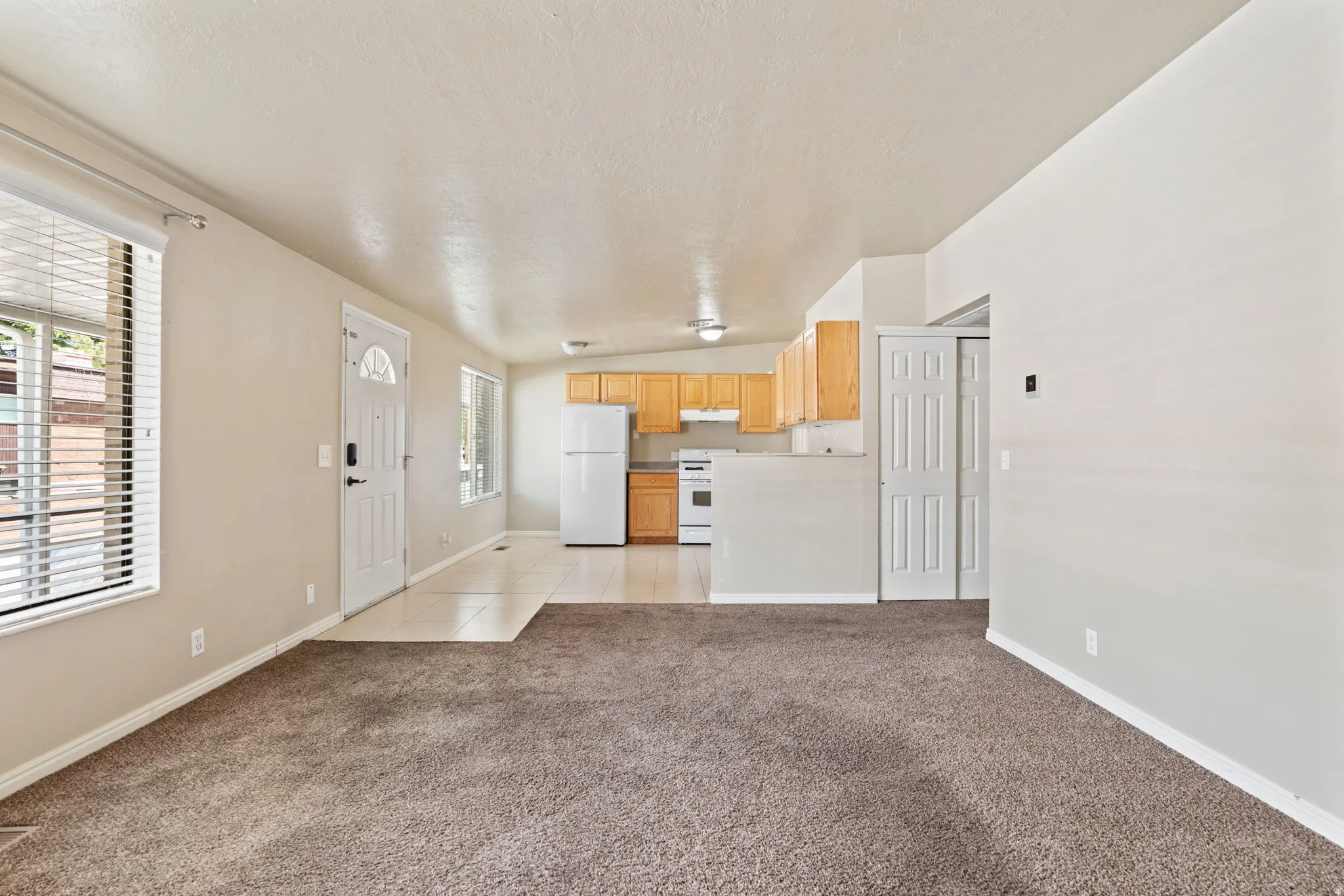 Open-concept living space featuring neutral carpet and a white entry door with a decorative glass insert