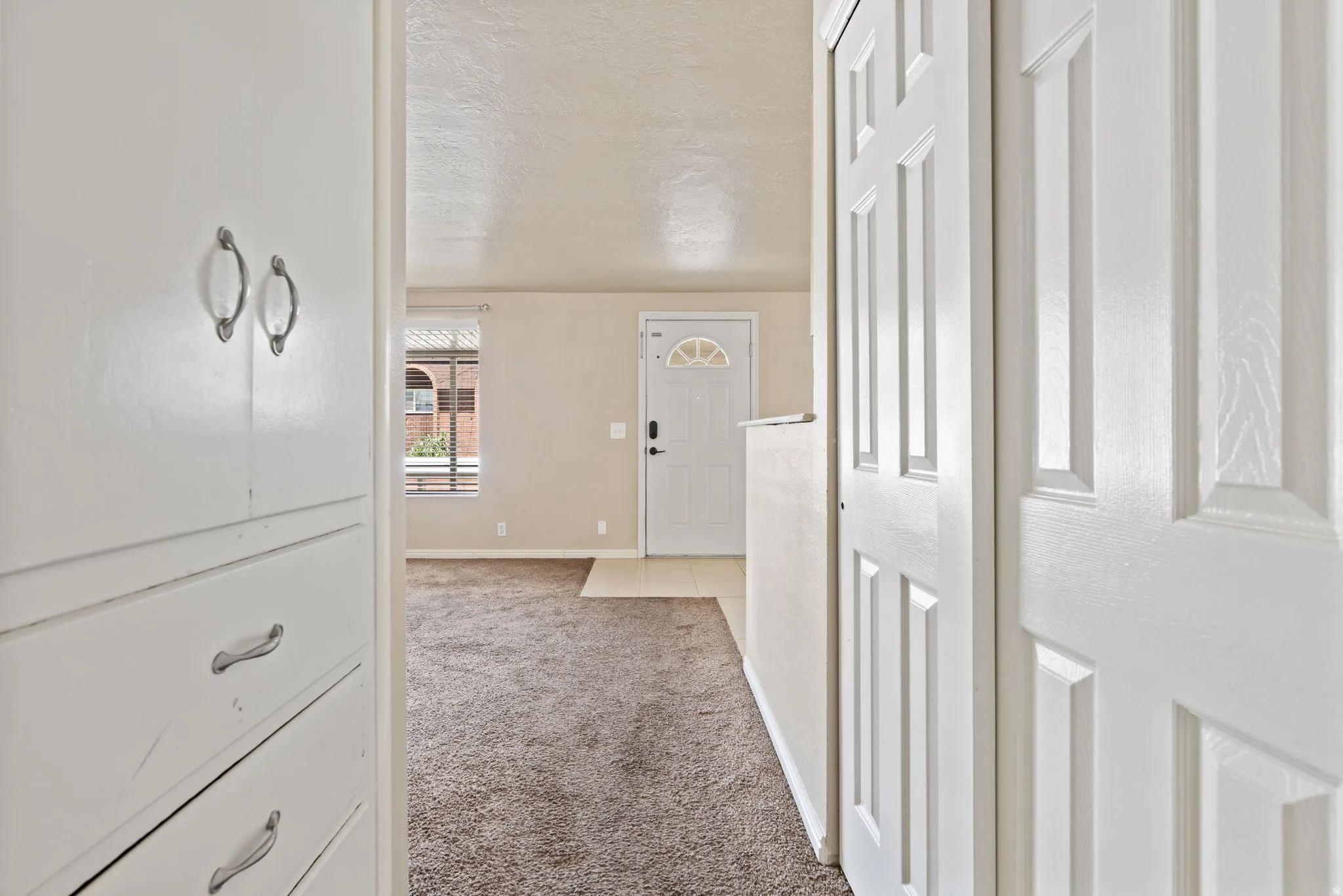 Entryway featuring white six-panel doors, built-in storage cabinetry with decorative pulls, and carpeting