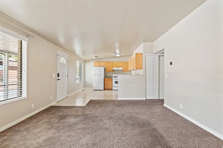 Open-concept living space featuring neutral carpet and a white entry door with a decorative glass insert
