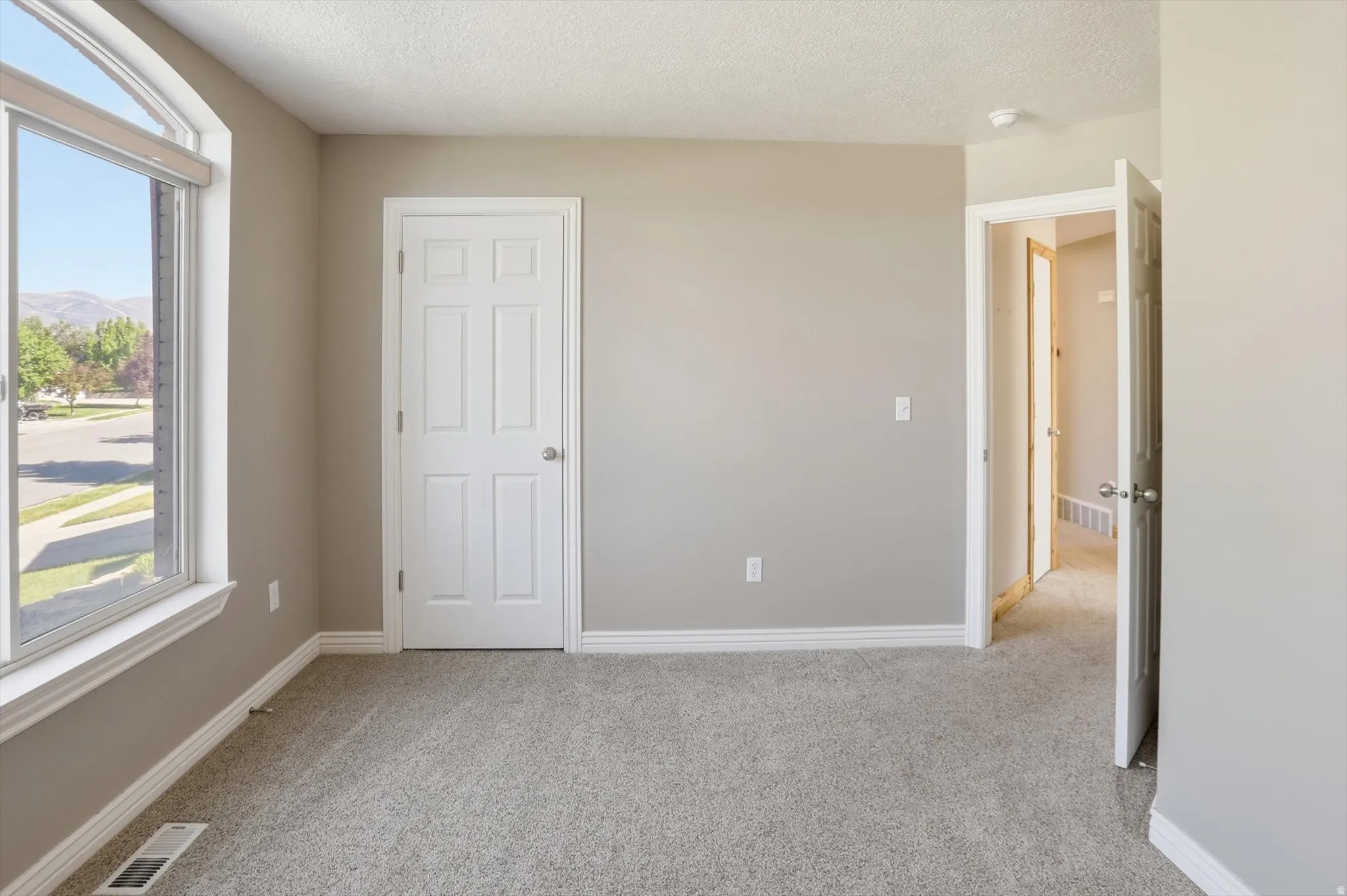 Neutral tone wall paint with crisp white trim throughout, featuring a large arched window
