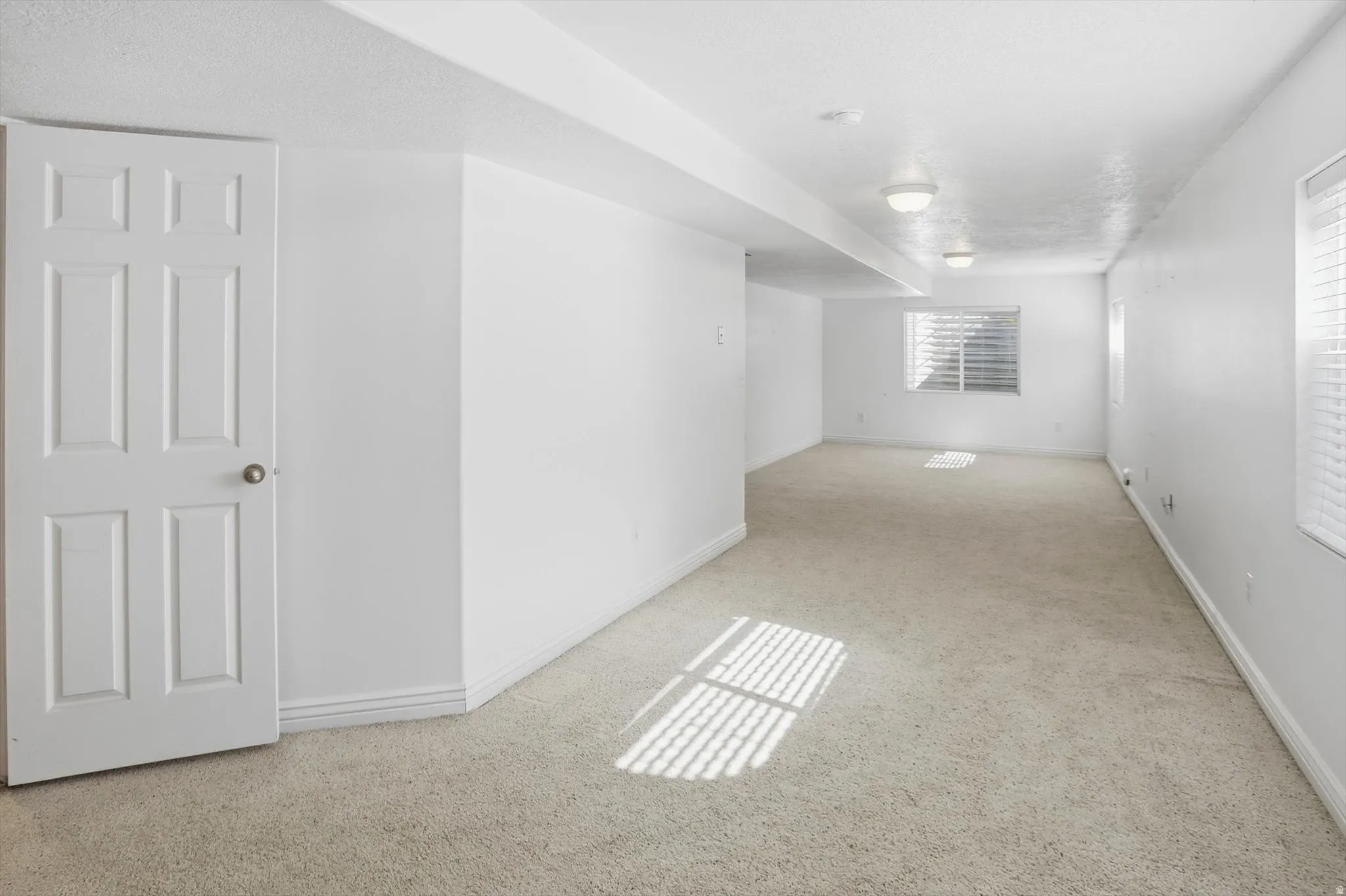 Spacious room featuring neutral carpeting, white walls, and multiple windows with blinds