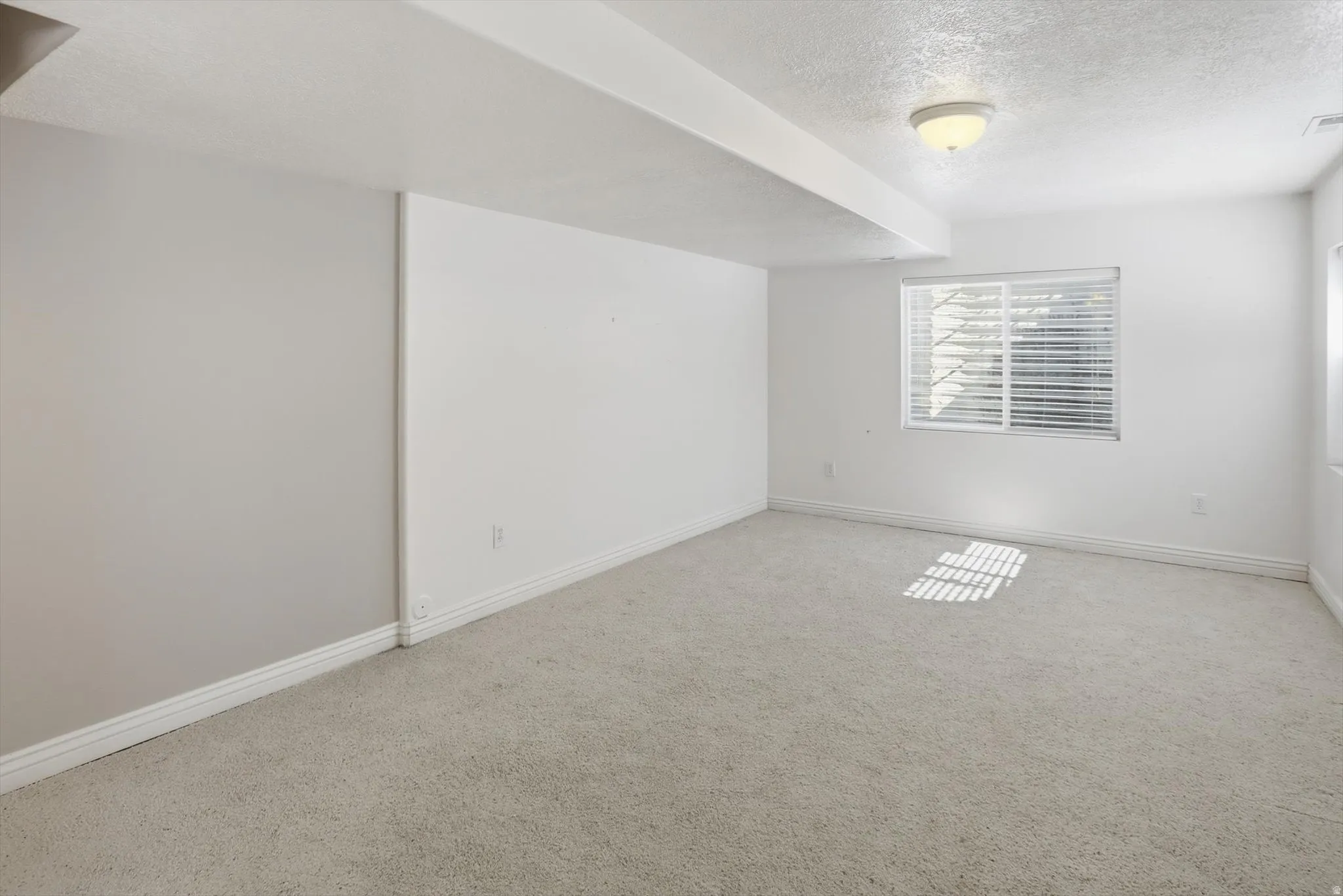 Spacious room featuring light-toned carpeting, white baseboards, and neutral wall paint