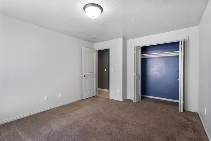 Spacious room featuring neutral grey walls and brown carpeting