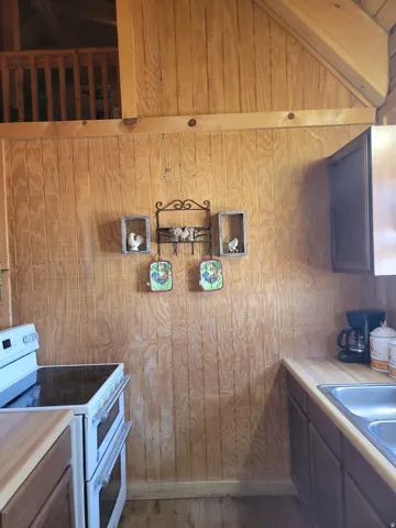 Kitchen area featuring wood paneling, wood-finish flooring, wood-finish countertops, and dark wood-finish cabinetry