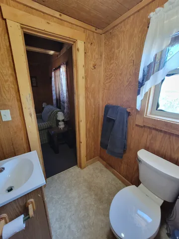 Compact bathroom featuring wood-panel walls, a built-in vanity with an integrated sink, and vinyl flooring