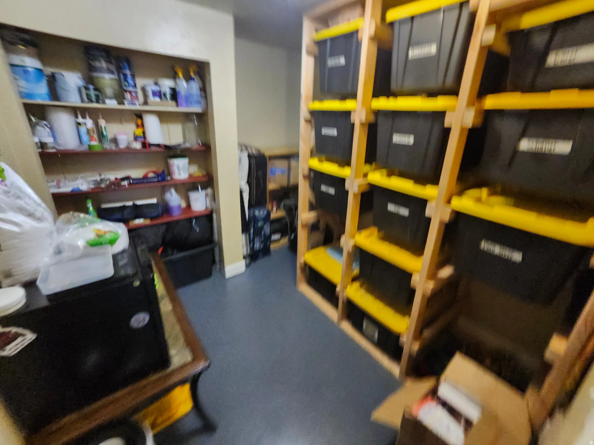 Storage room with bucket shelving
