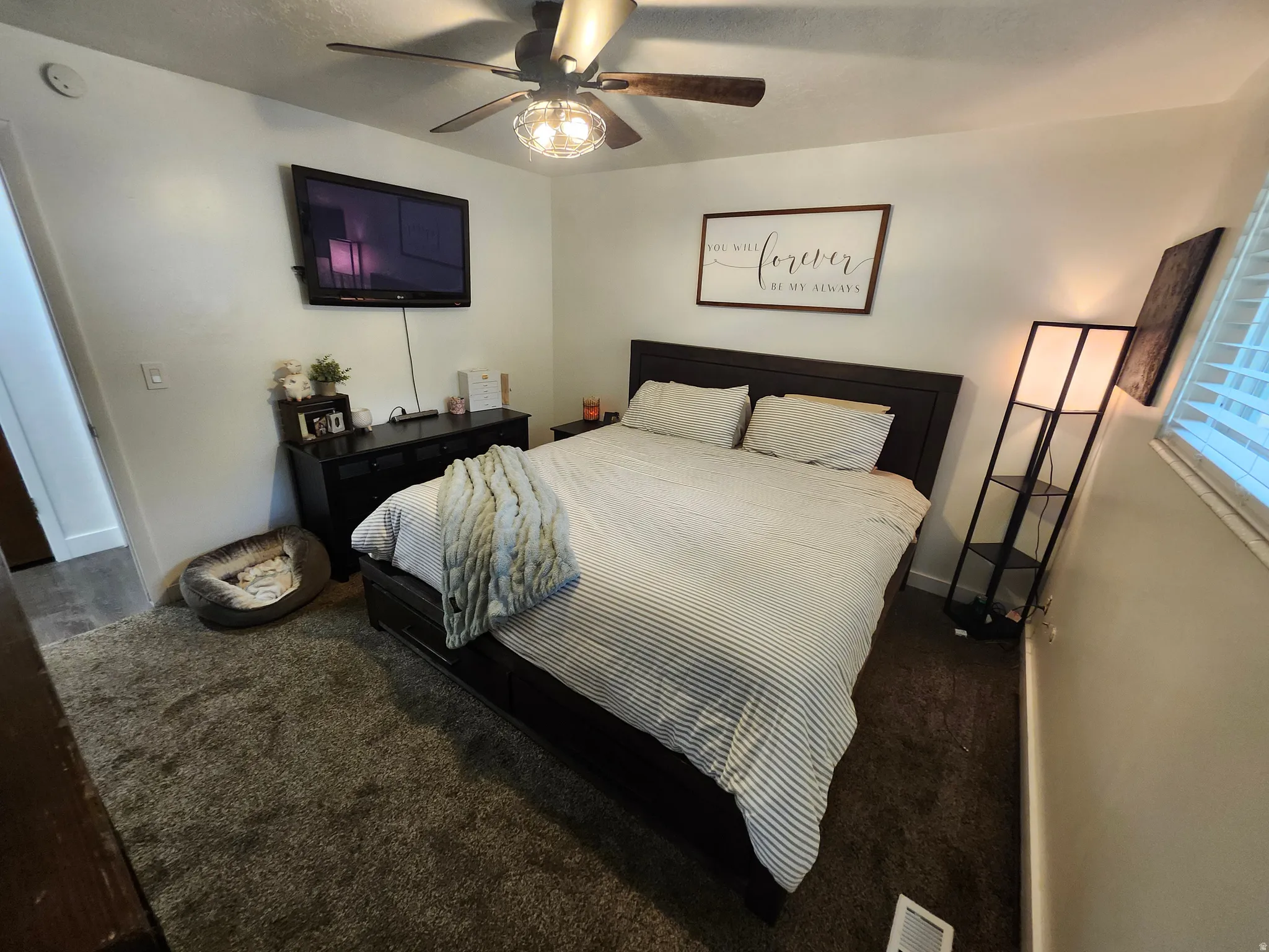Carpeted room featuring a ceiling fan with integrated lighting, a wall-mounted television, and a window with blinds