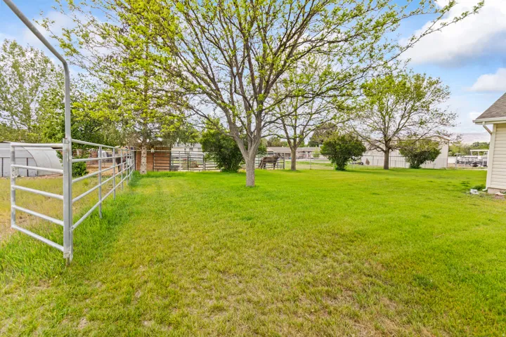 Expansive green lawn with mature trees and a metal gated entry