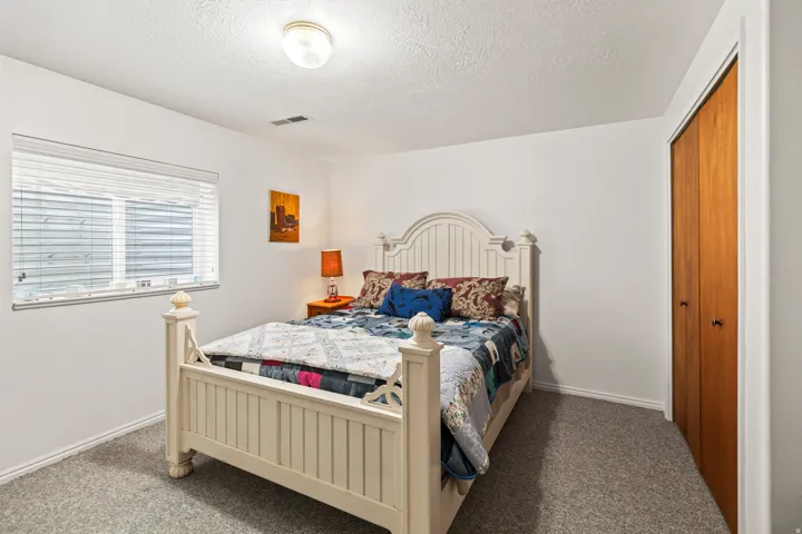 Carpeted room featuring a double-pane window with horizontal blinds, a ceiling-mounted light fixture, white painted walls, and wood-paneled closet doors
