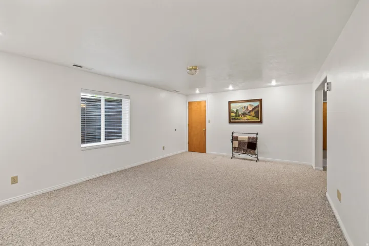 Expansive carpeted room featuring a single window with blinds, recessed lighting, and a wood-finish door