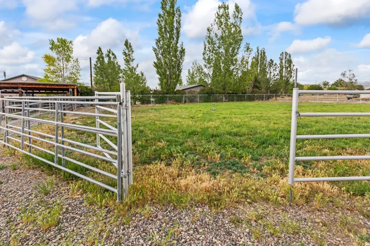 Open metal gate leading to a grassy pasture