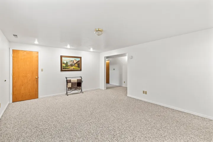 Spacious interior room featuring light-toned carpet flooring and white walls