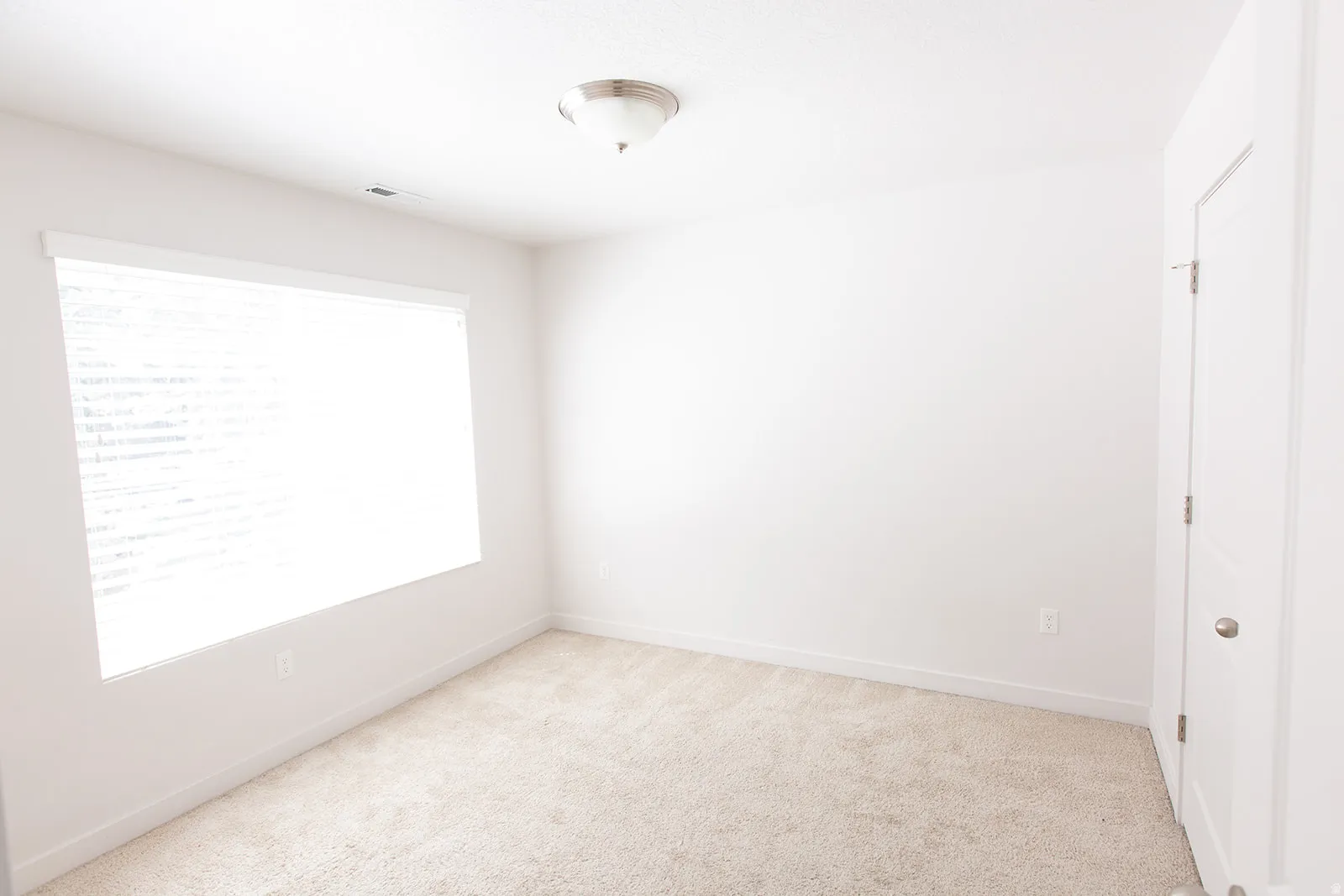 Neutral-toned room featuring a large window with blinds, plush carpeting, white walls, and a ceiling-mounted light fixture