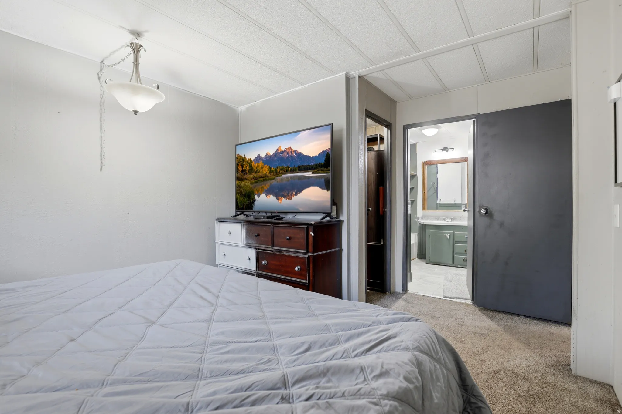 Bedroom featuring wall-to-wall carpeting and a ceiling-mounted light fixture
