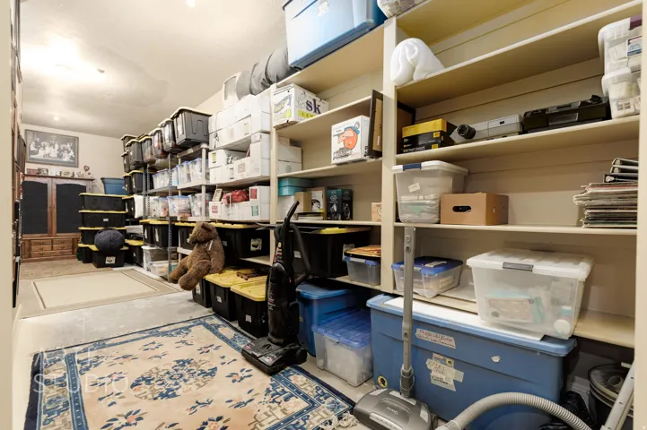 Dedicated storage room featuring extensive built-in shelving, recessed ceiling lighting, and carpet flooring