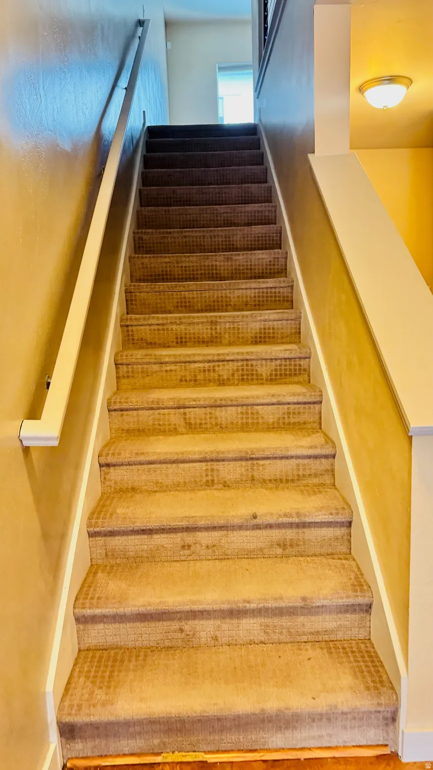 Carpeted staircase featuring painted handrails and a flush-mount ceiling light fixture