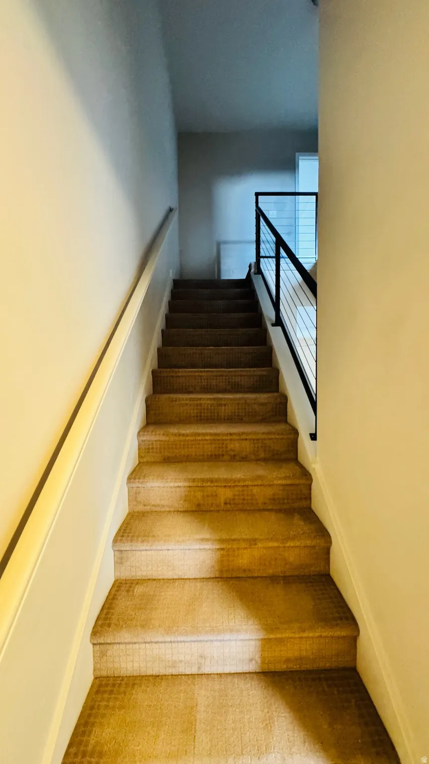 Carpeted staircase with contemporary black metal and cable railing