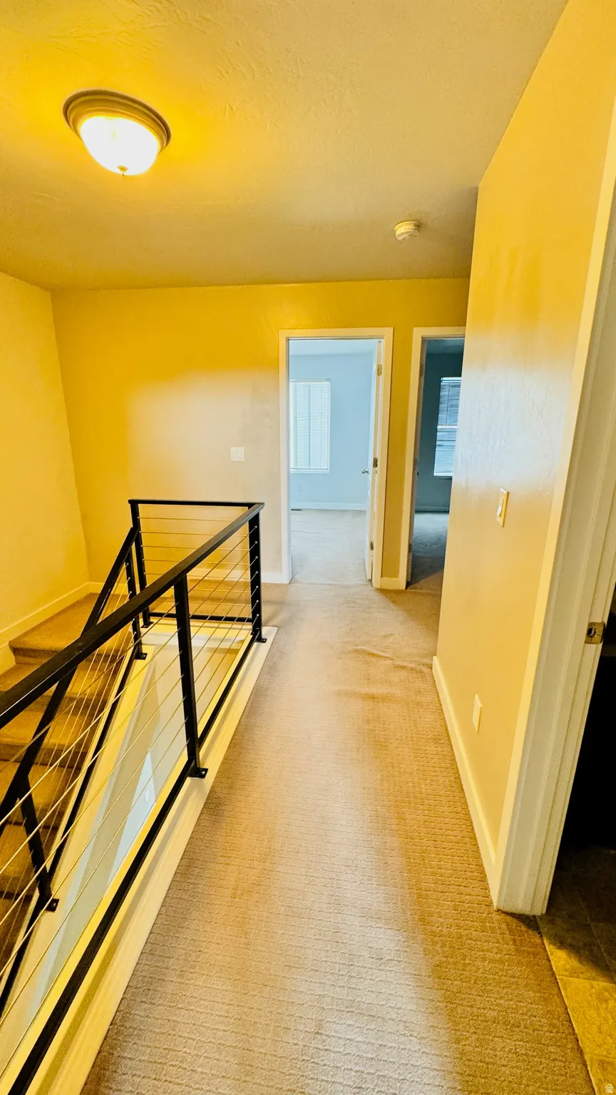 Second-story hallway featuring neutral-toned carpeting and a contemporary black metal and cable railing system